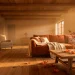 Wide cinematic shot of a sun-drenched autumn living room with warm golden hour light and fall accents.