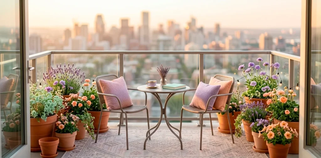 Wide view of a modern apartment balcony decorated with chic pastel furniture and soft textiles.