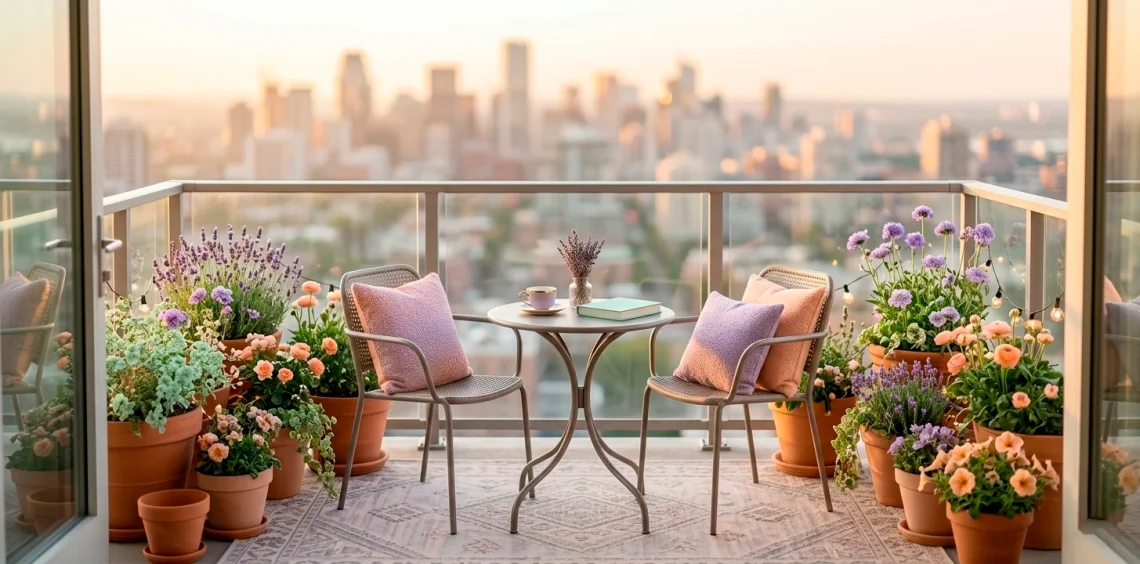 Wide view of a modern apartment balcony decorated with chic pastel furniture and soft textiles.