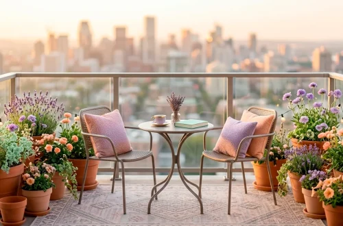 Wide view of a modern apartment balcony decorated with chic pastel furniture and soft textiles.
