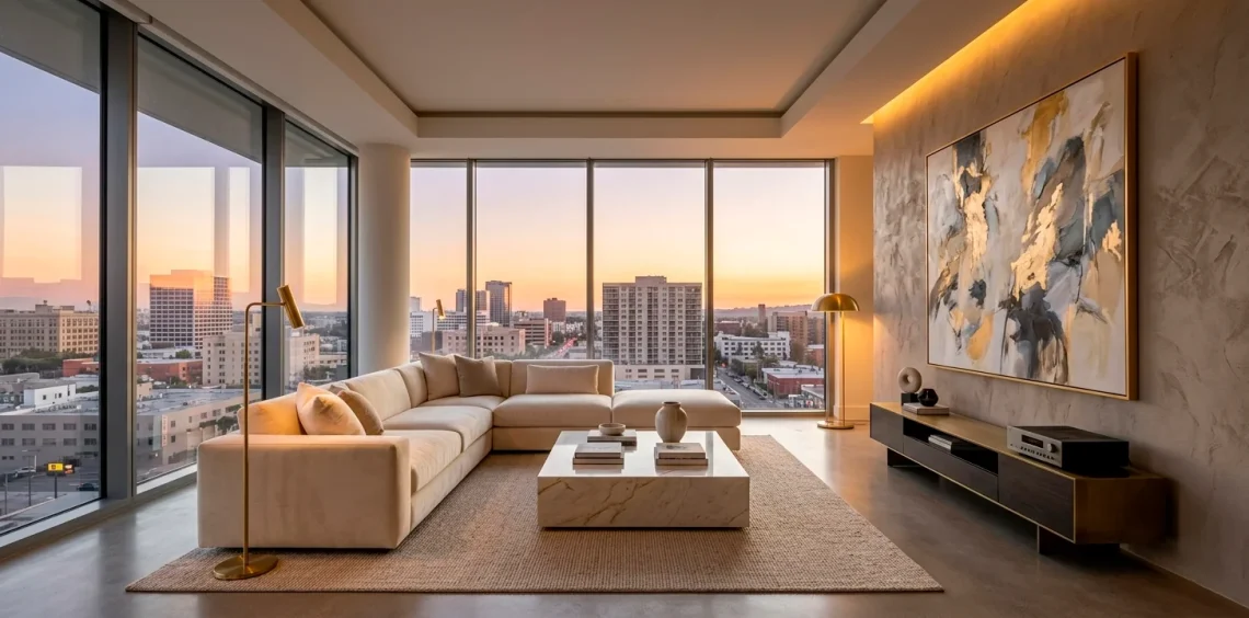 Wide view of a luxury small studio apartment with high-end finishes and warm ambient lighting.