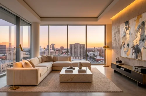 Wide view of a luxury small studio apartment with high-end finishes and warm ambient lighting.