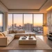 Wide view of a luxury small studio apartment with high-end finishes and warm ambient lighting.