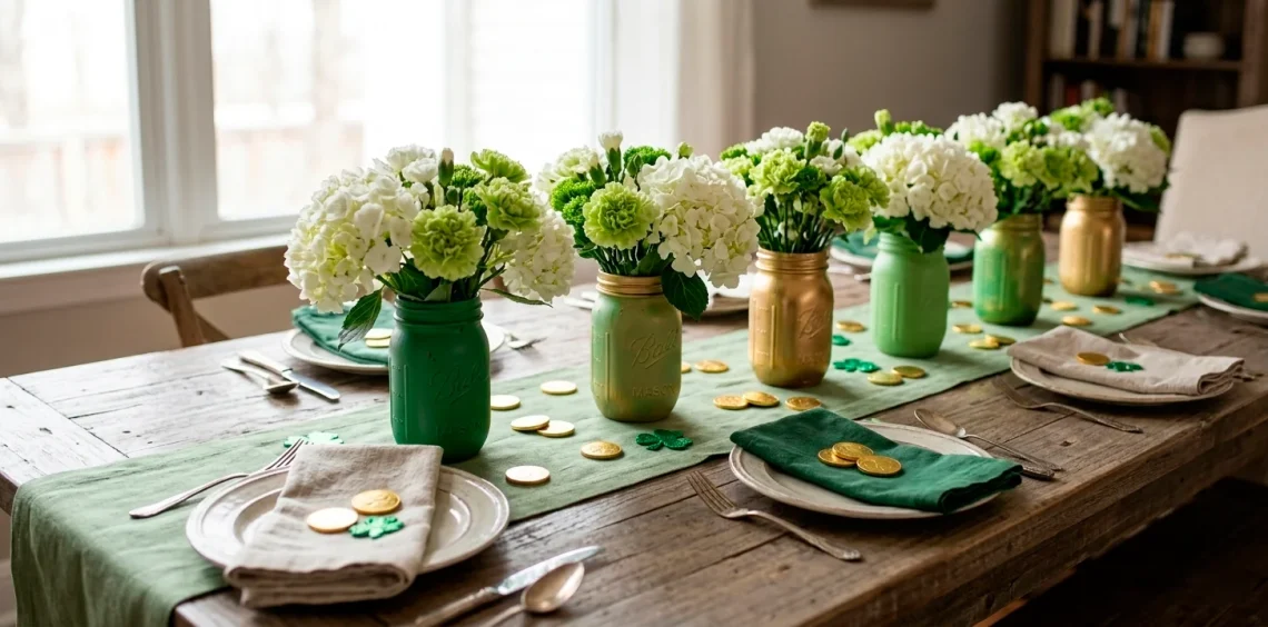 Wide horizontal view of St. Patrick's Day mason jar vases on a farmhouse table with gold accents.
