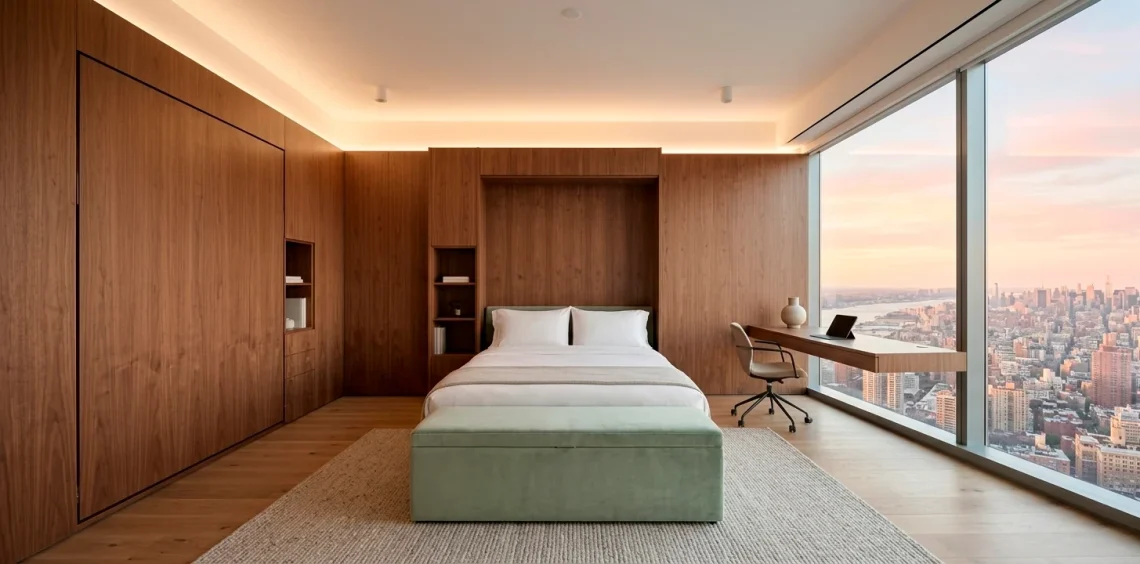 Wide 2:1 banner showing a modern small bedroom with walnut multi-functional furniture and sunset views.