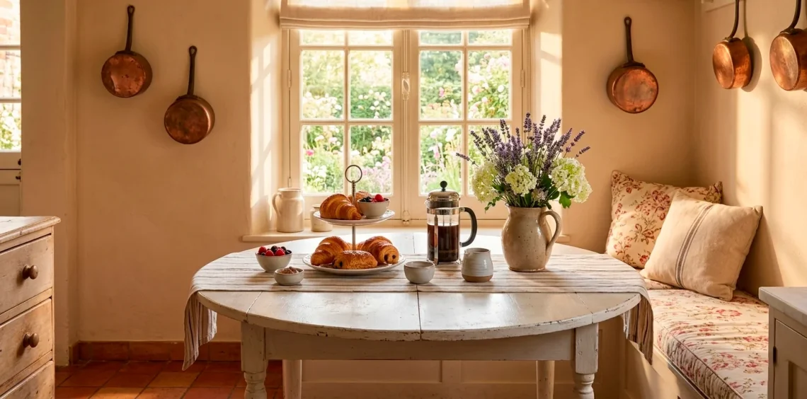 Cozy French country breakfast nook with distressed table and fresh flowers for Mother's Day morning.