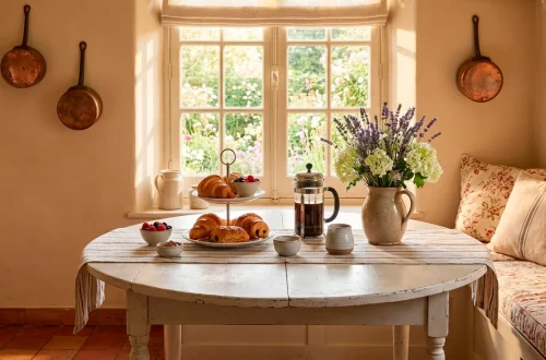 Cozy French country breakfast nook with distressed table and fresh flowers for Mother's Day morning.