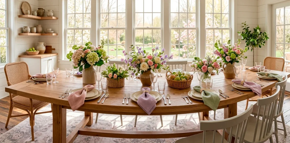 Beautifully styled spring dining table featuring creatively folded pastel linen napkins