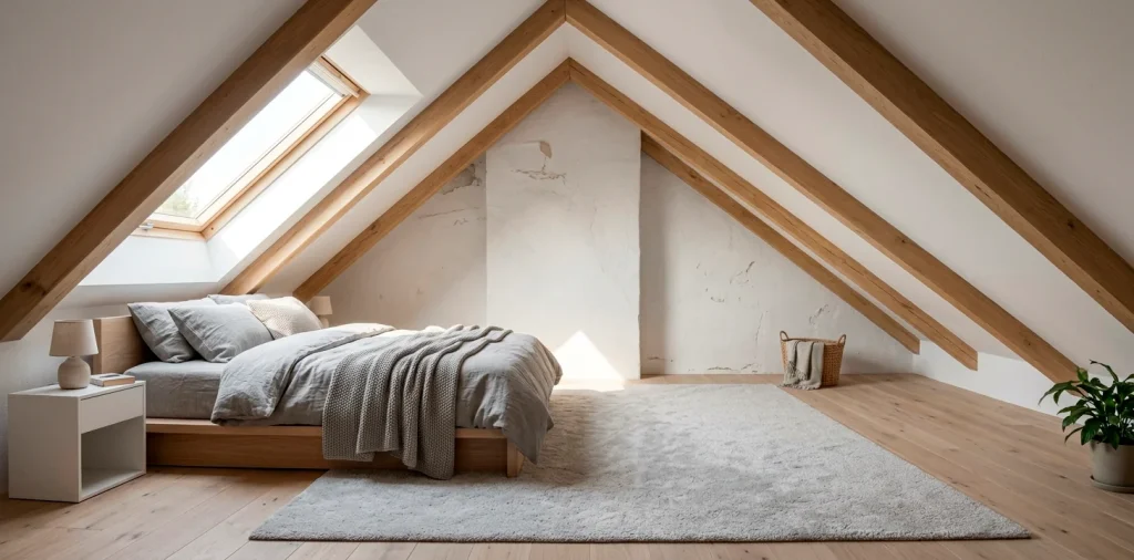 A wide view of a bright Scandinavian attic bedroom featuring soft gray bedding, a low platform bed, and skylights.