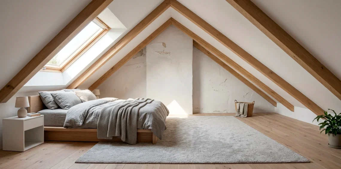A wide view of a bright Scandinavian attic bedroom featuring soft gray bedding, a low platform bed, and skylights.