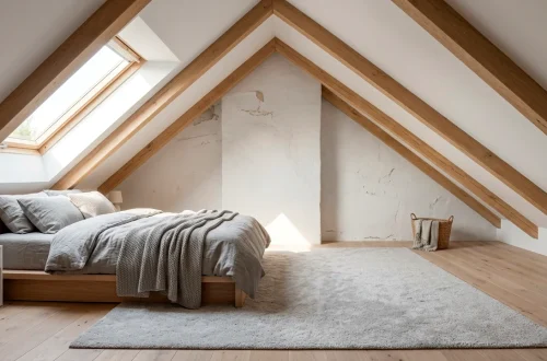 A wide view of a bright Scandinavian attic bedroom featuring soft gray bedding, a low platform bed, and skylights.