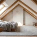 A wide view of a bright Scandinavian attic bedroom featuring soft gray bedding, a low platform bed, and skylights.
