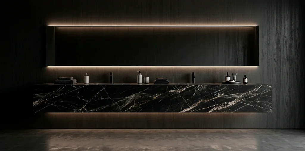Wide view of a luxury dark bathroom featuring a black marble floating vanity