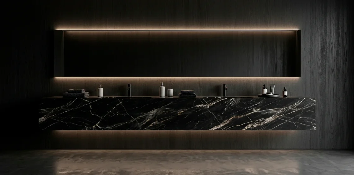Wide view of a luxury dark bathroom featuring a black marble floating vanity