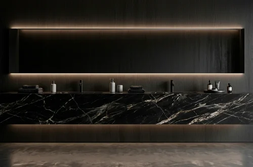 Wide view of a luxury dark bathroom featuring a black marble floating vanity