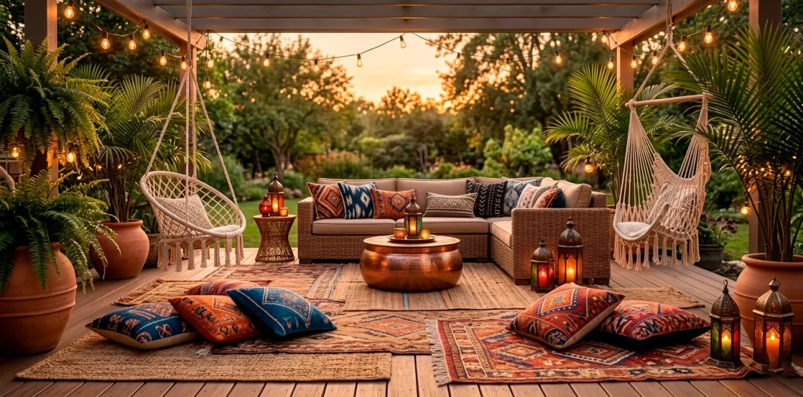 Wide panoramic view of a cozy bohemian patio with layered rugs, rattan furniture, and warm lighting.