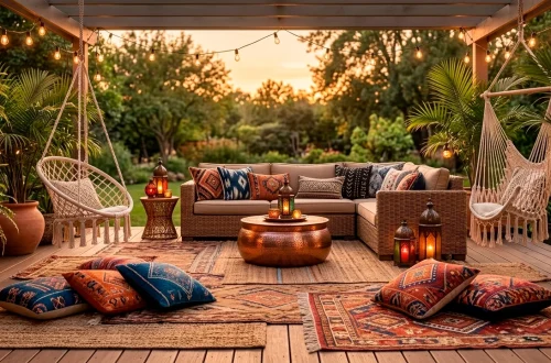 Wide panoramic view of a cozy bohemian patio with layered rugs, rattan furniture, and warm lighting.
