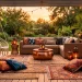 Wide panoramic view of a cozy bohemian patio with layered rugs, rattan furniture, and warm lighting.