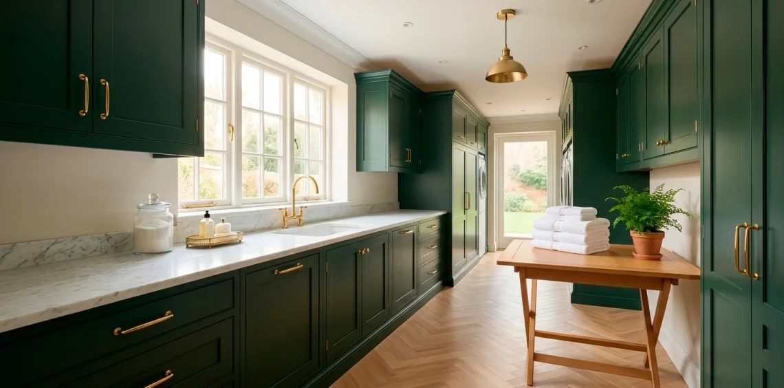 Luxurious forest green laundry room with brass accents and marble countertops.