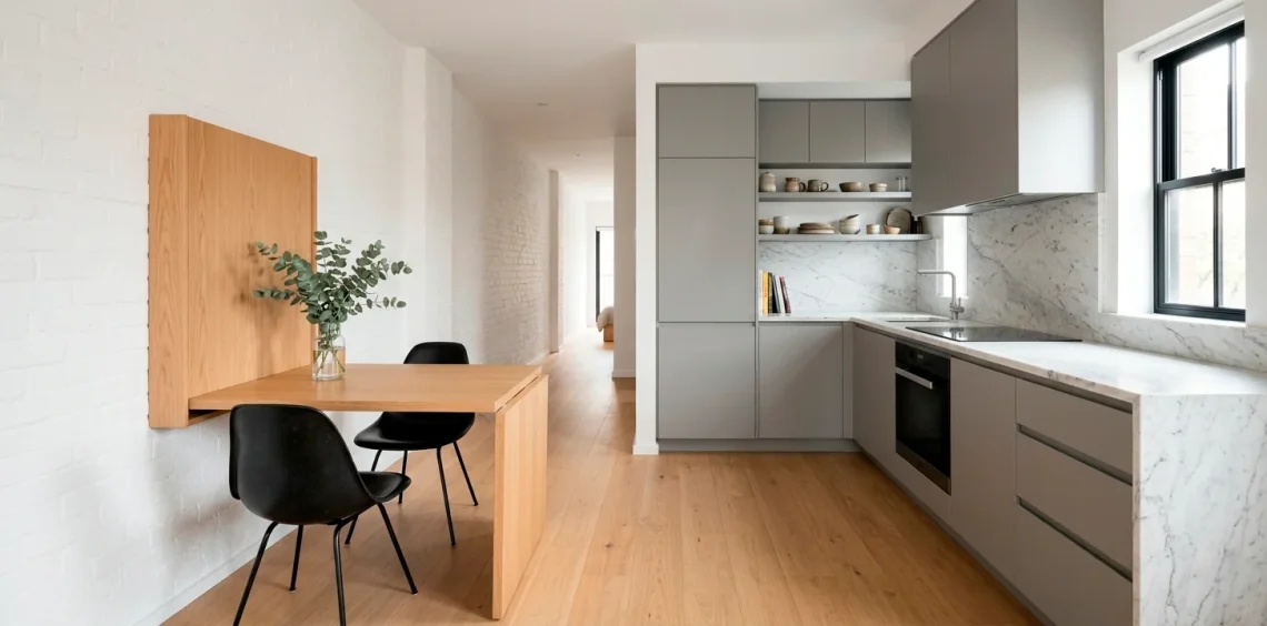 Wide shot of a modern small kitchen featuring a stylish wooden fold-down dining table and minimalist decor.
