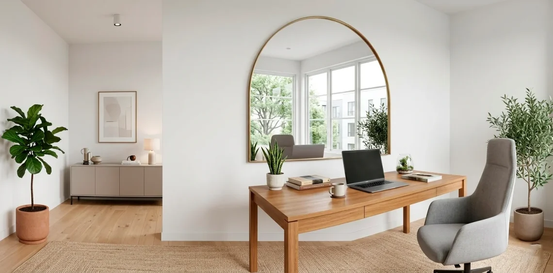Bright modern small home office featuring a large wall mirror that creates a spacious illusion.