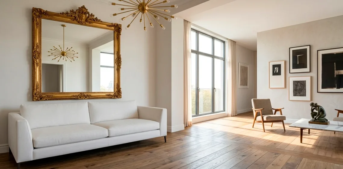 Sophisticated living room blending a modern white sofa with a large ornate vintage gold mirror.