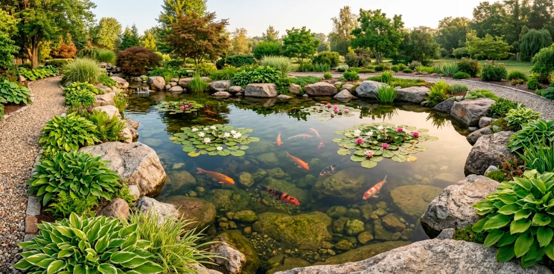 A massive natural backyard ecosystem pond with crystal clear water boulders water lilies and koi fish under morning sun