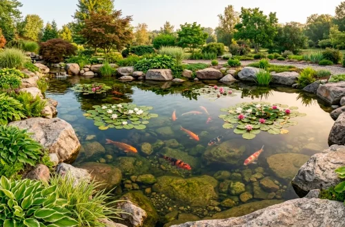 A massive natural backyard ecosystem pond with crystal clear water boulders water lilies and koi fish under morning sun