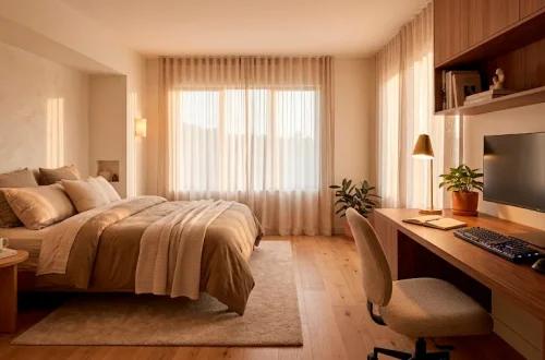 Beautifully lit home office and guest bedroom combination space with warm ambient lighting