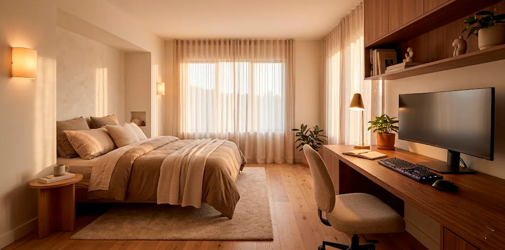 Beautifully lit home office and guest bedroom combination space with warm ambient lighting