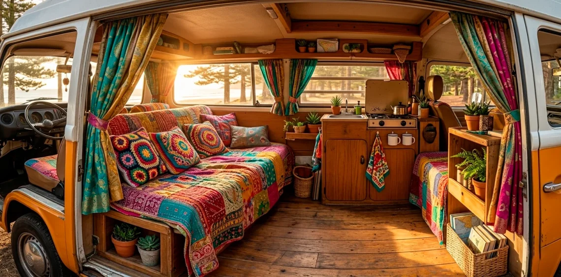 Vibrant boho hippie van interior with colorful patchwork quilts and cushions in golden hour light.