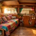 Vibrant boho hippie van interior with colorful patchwork quilts and cushions in golden hour light.