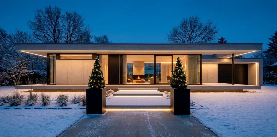Modern minimalist house exterior decorated with elegant warm white holiday lighting and matte black planters.
