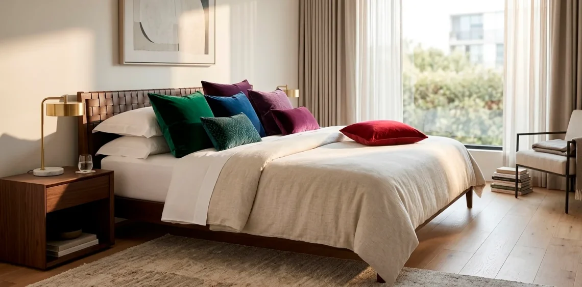 Luxurious king-sized bed with an assortment of colorful plush velvet throw pillows in a bright bedroom.