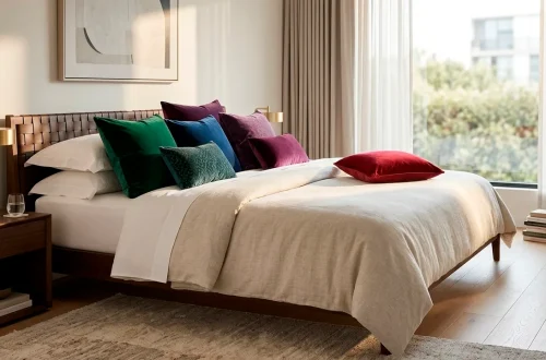 Luxurious king-sized bed with an assortment of colorful plush velvet throw pillows in a bright bedroom.