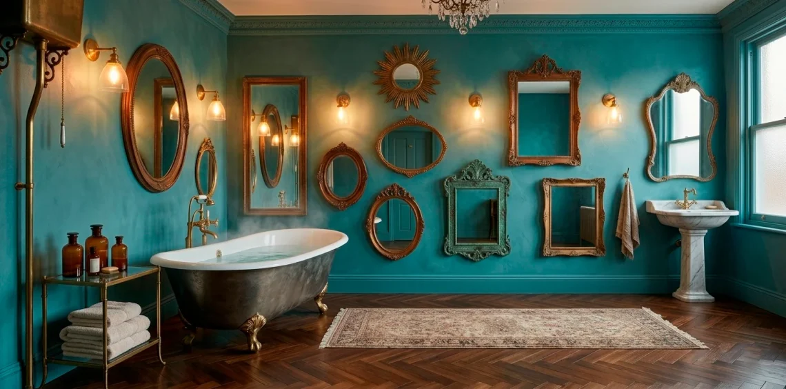 Wide view of a luxury vintage bathroom featuring multiple ornate antique mirrors on a teal wall.