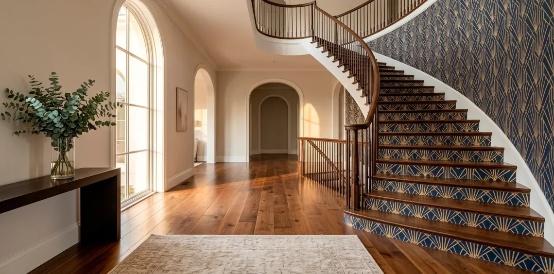 Luxurious entryway featuring a grand staircase with bold navy and gold geometric wallpaper accents.