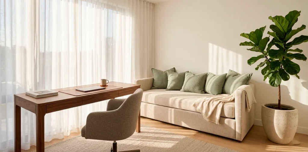 Bright and airy guest room office combo with walnut desk and sage green daybed furniture.