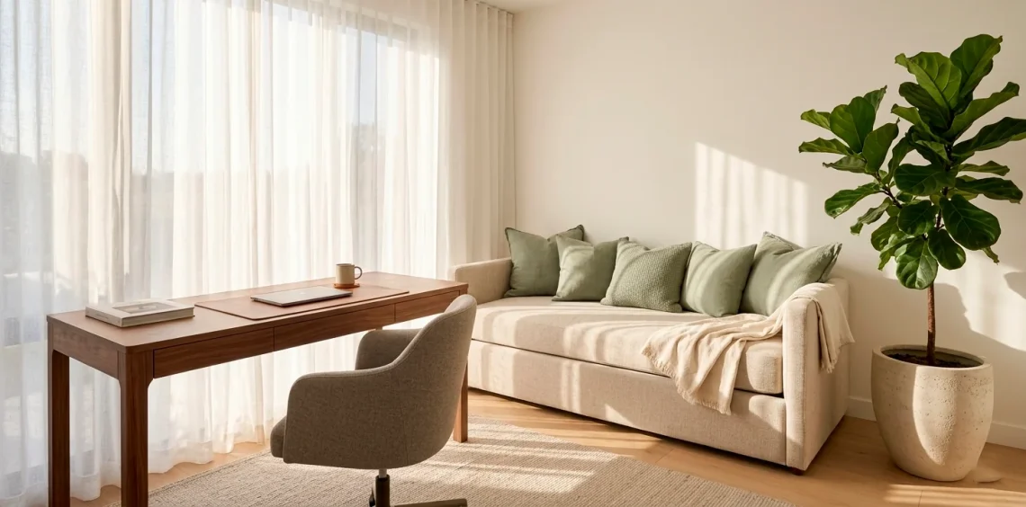 Bright and airy guest room office combo with walnut desk and sage green daybed furniture.
