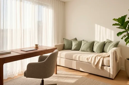 Bright and airy guest room office combo with walnut desk and sage green daybed furniture.