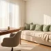 Bright and airy guest room office combo with walnut desk and sage green daybed furniture.