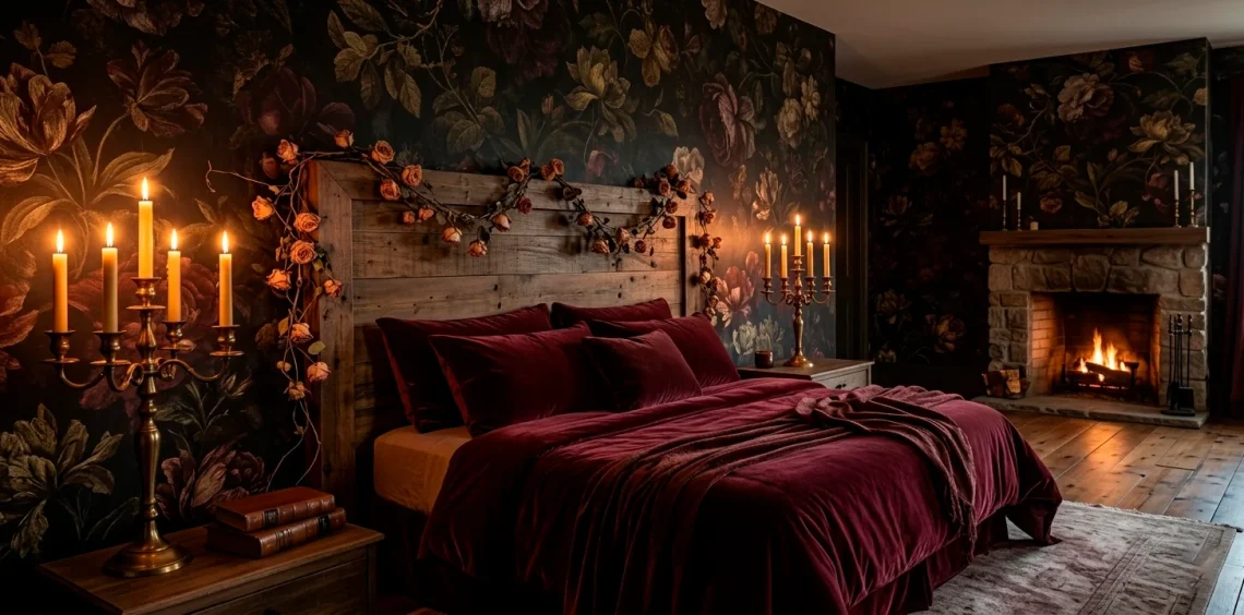 Dimly lit romantic cottagecore bedroom with dark floral wallpaper, vintage brass candelabras, and burgundy velvet bedding.