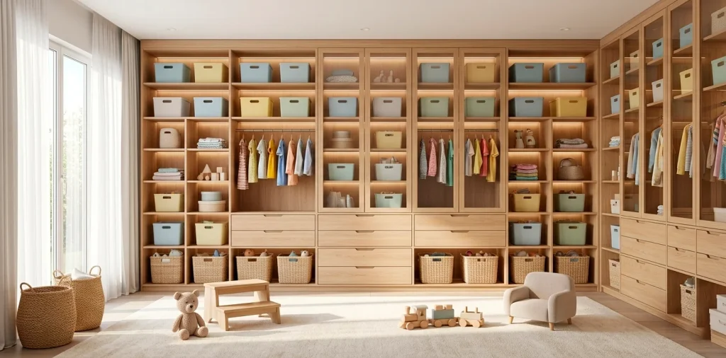 Bright modern kid's bedroom featuring an organized light wood modular wardrobe system with pastel bins.