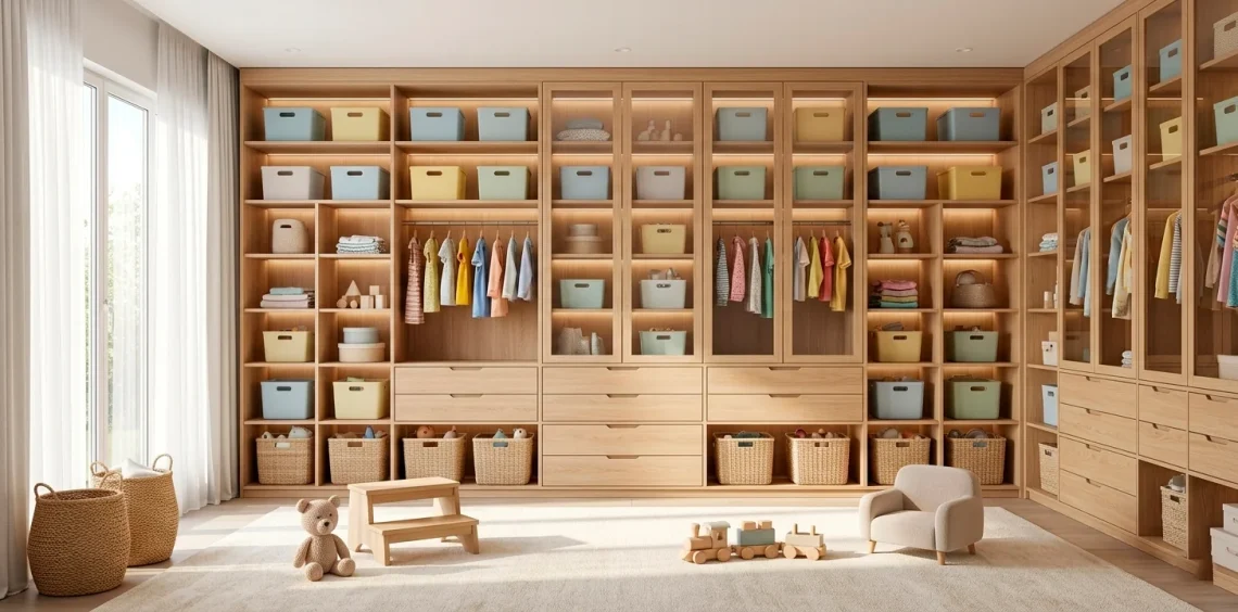 Bright modern kid's bedroom featuring an organized light wood modular wardrobe system with pastel bins.