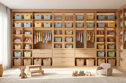 Bright modern kid's bedroom featuring an organized light wood modular wardrobe system with pastel bins.