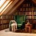 Cozy sun-drenched attic reading nook with a green velvet armchair and floor-to-ceiling bookshelves.