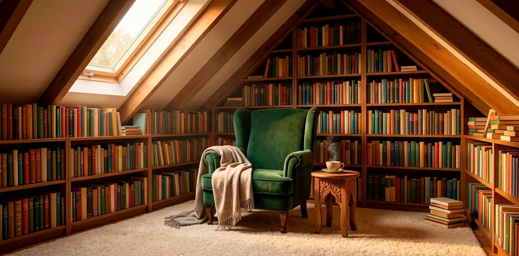 Cozy sun-drenched attic reading nook with a green velvet armchair and floor-to-ceiling bookshelves.
