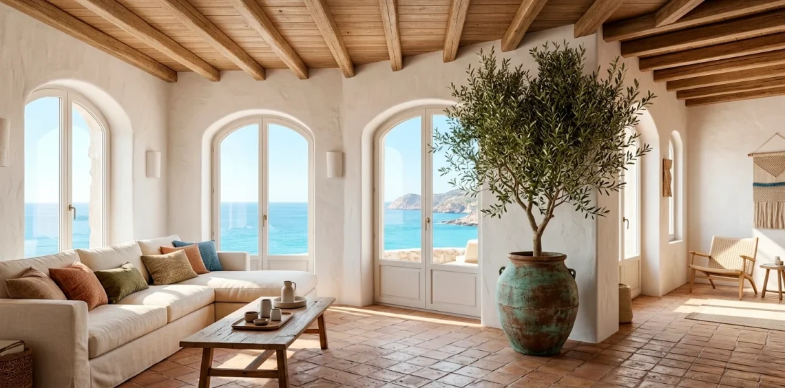 Wide view of a sun-drenched Mediterranean living room with white walls and rustic wooden beams.