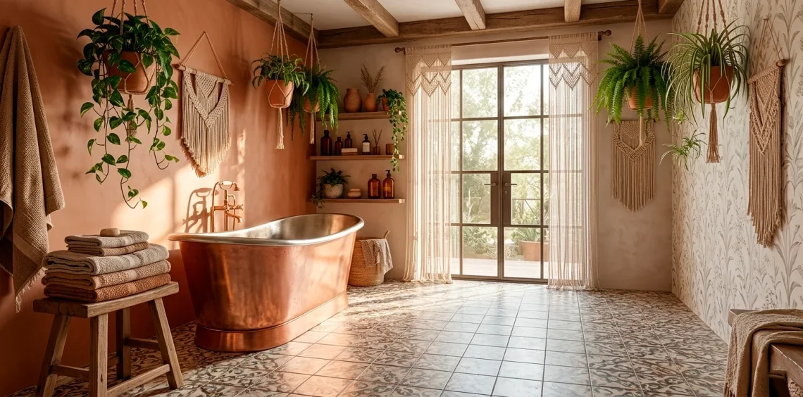 Wide view of a luxury boho bathroom with copper tub, geometric floor tiles, and lush greenery in sunlight.