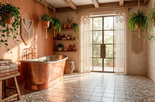 Wide view of a luxury boho bathroom with copper tub, geometric floor tiles, and lush greenery in sunlight.